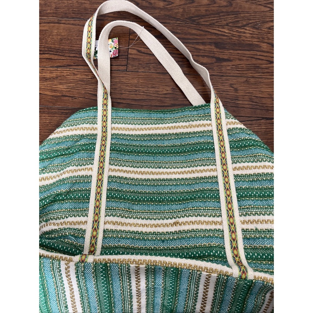 A&B EXPRESS Green Gold Striped Puff Balls BEADED FRUIT LARGE TOTE BAG NWT - Picture 4 of 8